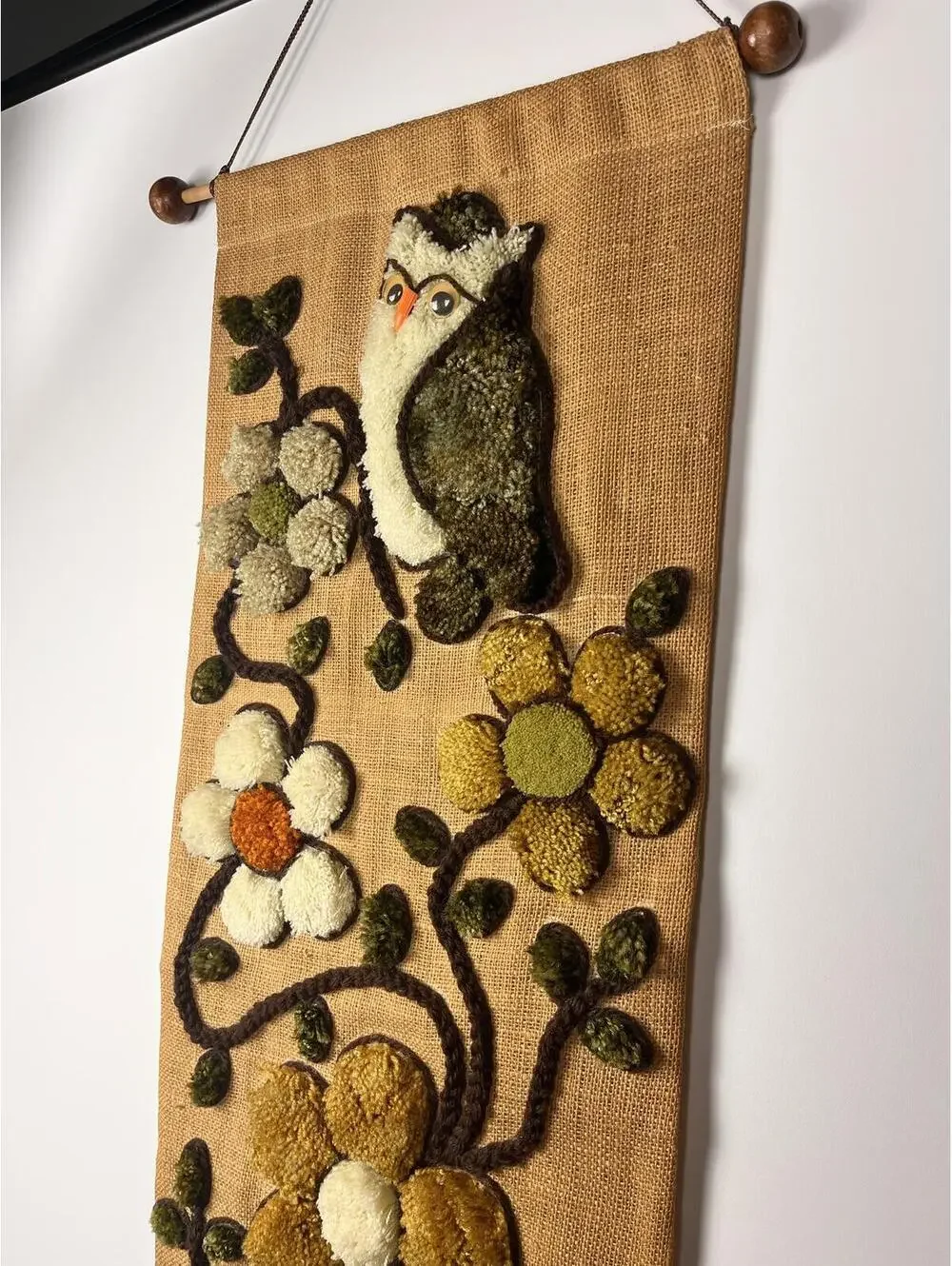 Vintage 1970s Owl Burlap Wall Hanging Handmade Boho Fiber Art Textile Decor